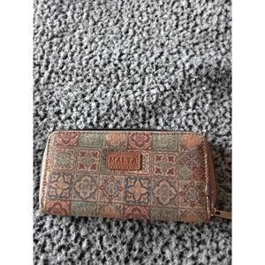 Malta Cork Zip Around Wallet Mediterranean Tile Print Tan Blue Souvenir